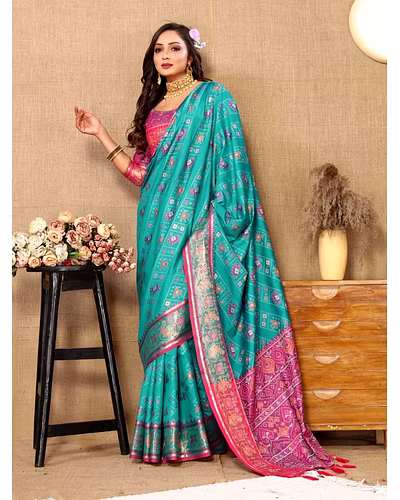 Soft Patola Silk Saree with Meenakari Zari Motifs, Rich Pallu, and Silk Blouse Piece-Rama-1