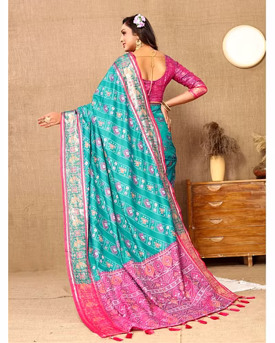 Soft Patola Silk Saree with Meenakari Zari Motifs, Rich Pallu, and Silk Blouse Piece-Rama-3