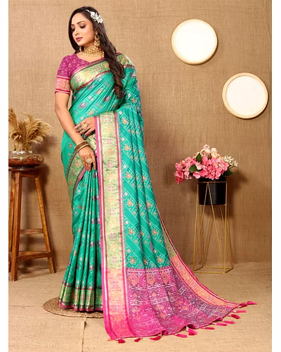 Soft Patola Silk Saree with Meenakari Zari Motifs, Rich Pallu, and Silk Blouse Piece-RMNX-310-Firozi