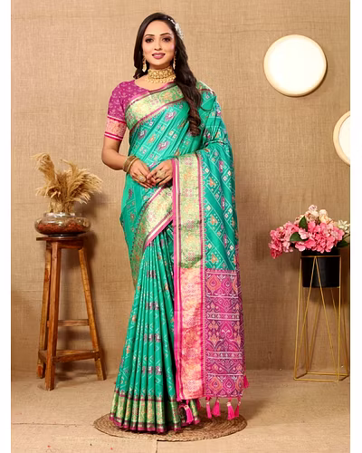 Soft Patola Silk Saree with Meenakari Zari Motifs, Rich Pallu, and Silk Blouse Piece-Firozi-1