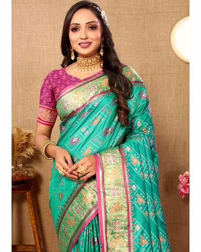 Soft Patola Silk Saree with Meenakari Zari Motifs, Rich Pallu, and Silk Blouse Piece-Firozi-2