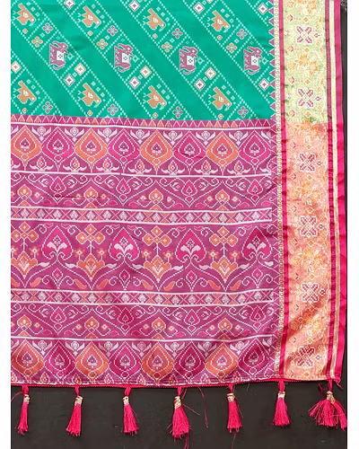 Soft Patola Silk Saree with Meenakari Zari Motifs, Rich Pallu, and Silk Blouse Piece-Firozi-3