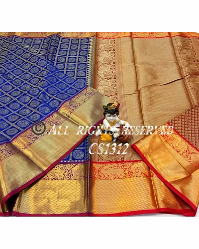 Kanchipuram Handloom Silk Saree with Rich Zari Pallu Border and Figure Design-Blue-1
