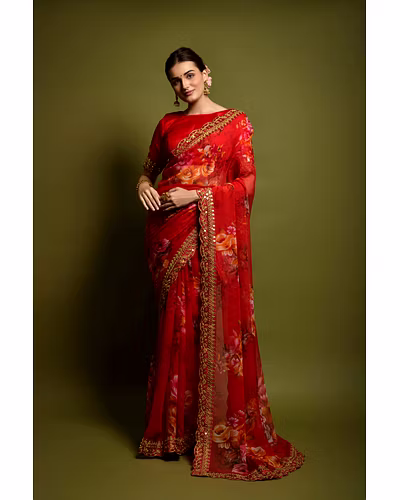Chiffon Saree Adorned with Sequins and Cord Embroidery With Blouse Piecs-RNC5190-Red