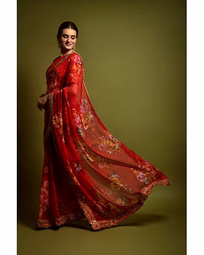 Chiffon Saree Adorned with Sequins and Cord Embroidery With Blouse Piecs-1