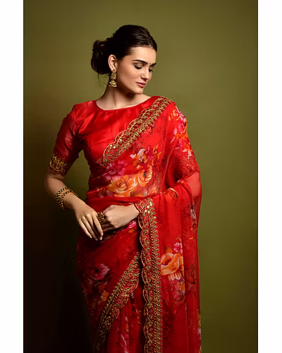 Chiffon Saree Adorned with Sequins and Cord Embroidery With Blouse Piecs-2