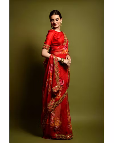 Chiffon Saree Adorned with Sequins and Cord Embroidery With Blouse Piecs-3
