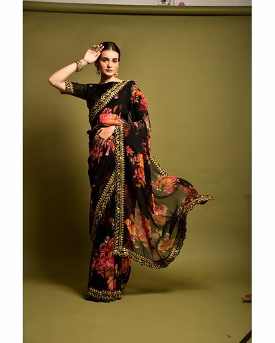 Chiffon Saree Adorned with Sequins and Cord Embroidery With Blouse Piecs-RNC5190-Black