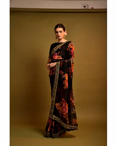 Chiffon Saree Adorned with Sequins and Cord Embroidery With Blouse Piecs-1
