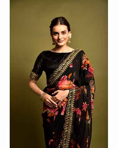 Chiffon Saree Adorned with Sequins and Cord Embroidery With Blouse Piecs-2