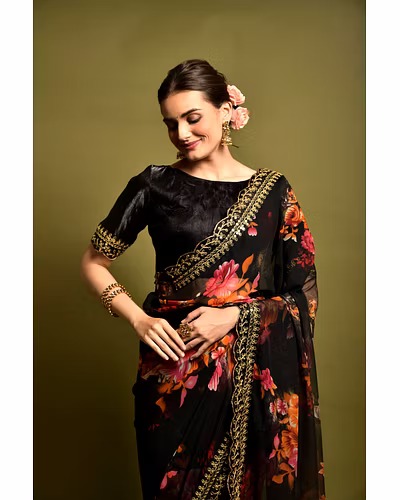 Chiffon Saree Adorned with Sequins and Cord Embroidery With Blouse Piecs-3