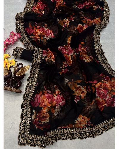 Chiffon Saree Adorned with Sequins and Cord Embroidery With Blouse Piecs-4