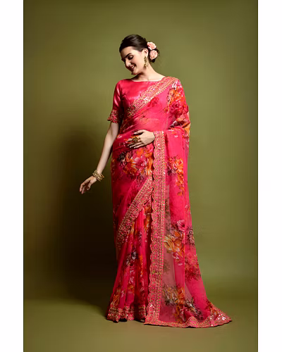 Chiffon Saree Adorned with Sequins and Cord Embroidery With Blouse Piecs-RNC5190-Rani