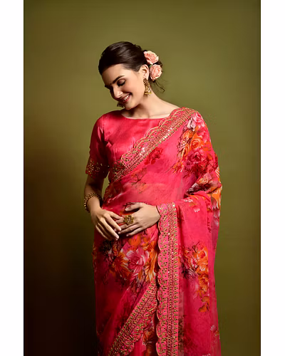 Chiffon Saree Adorned with Sequins and Cord Embroidery With Blouse Piecs-1