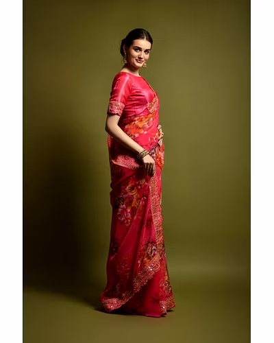 Chiffon Saree Adorned with Sequins and Cord Embroidery With Blouse Piecs-2