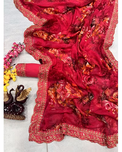 Chiffon Saree Adorned with Sequins and Cord Embroidery With Blouse Piecs-4