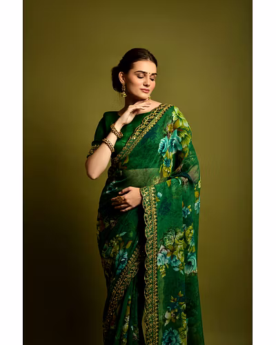 Chiffon Saree Adorned with Sequins and Cord Embroidery With Blouse Piecs-RNC5190-Green