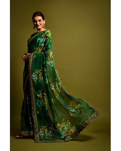 Chiffon Saree Adorned with Sequins and Cord Embroidery With Blouse Piecs-1