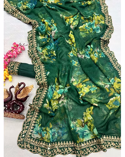 Chiffon Saree Adorned with Sequins and Cord Embroidery With Blouse Piecs-3