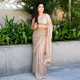 ynf elegant soft net saree with sequins embroidery & feather lace pallu, net blouse included