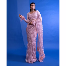 ynf soft net saree with feather lace pallu & sequins embroidery blouse