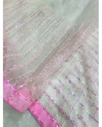 Soft Net Saree with Feather Lace Pallu &amp; Sequins Embroidery Blouse-4