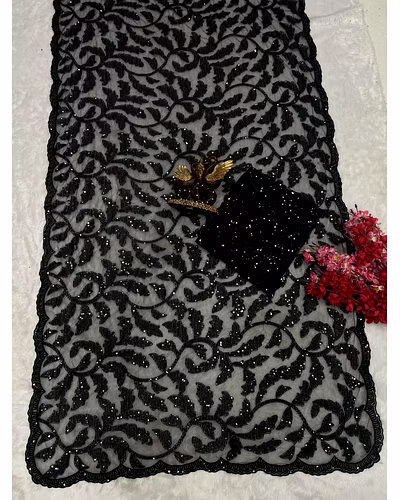 Soft Net Saree with C Pallu Sequins Embroidery Work and Net Sequins Blouse-5