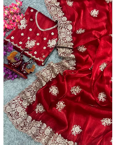 Berberry Silk Saree with Stunning Gold Zari Embroidery &amp; Unstitched Blouse-Red-1