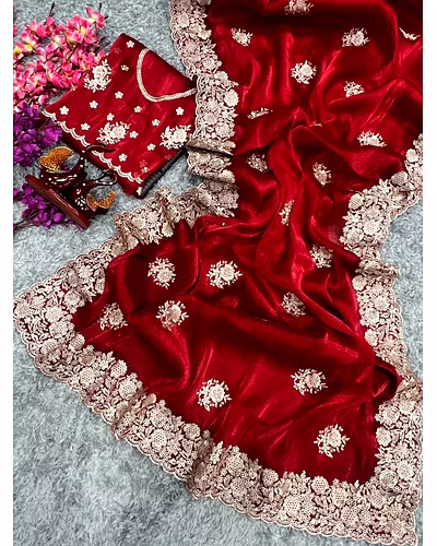 Berberry Silk Saree with Stunning Gold Zari Embroidery &amp; Unstitched Blouse-Red-2