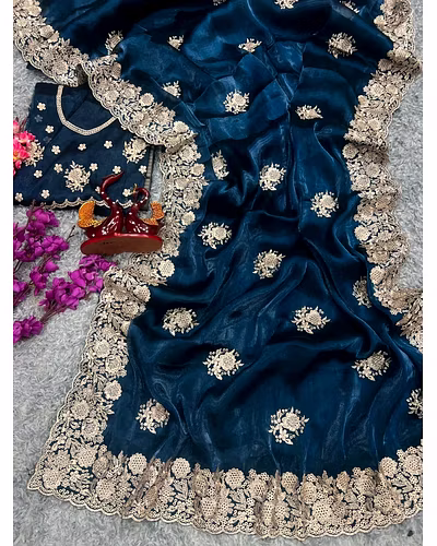 Berberry Silk Saree with Stunning Gold Zari Embroidery &amp; Unstitched Blouse-RNC5331-Blue