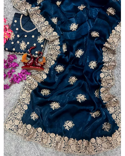 Berberry Silk Saree with Stunning Gold Zari Embroidery &amp; Unstitched Blouse-Blue-1