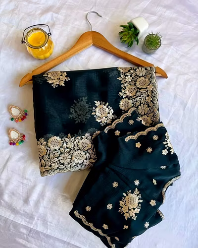 Berberry Silk Saree with Stunning Gold Zari Embroidery &amp; Unstitched Blouse-Blue-2