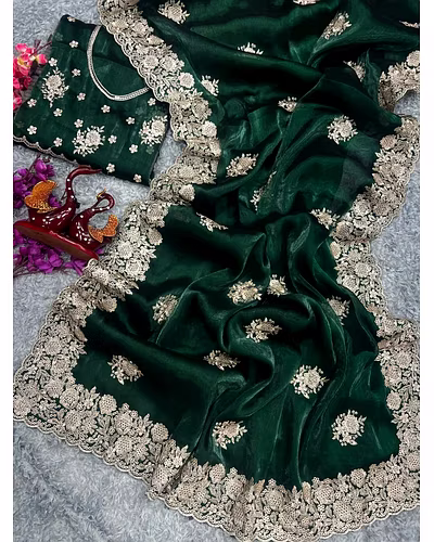 Berberry Silk Saree with Stunning Gold Zari Embroidery &amp; Unstitched Blouse-RNC5331-Green