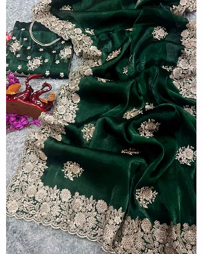Berberry Silk Saree with Stunning Gold Zari Embroidery &amp; Unstitched Blouse-Green-1