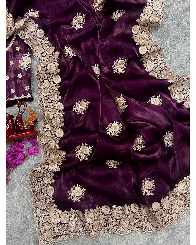 Berberry Silk Saree with Stunning Gold Zari Embroidery &amp; Unstitched Blouse-Wine-1