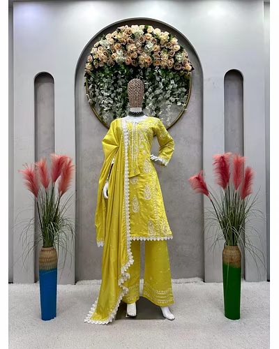 Silk Elegance: Embroidered Set with Lace Details-RRTC5703-Yellow-M
