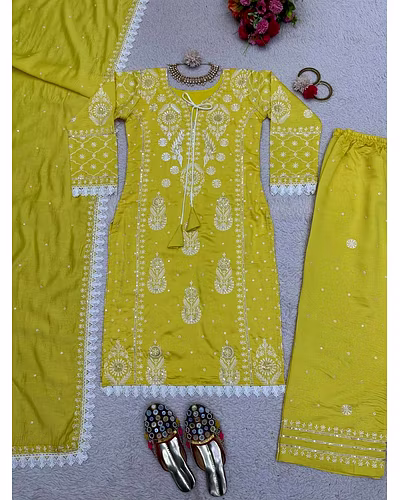 Silk Elegance: Embroidered Set with Lace Details-Yellow-3