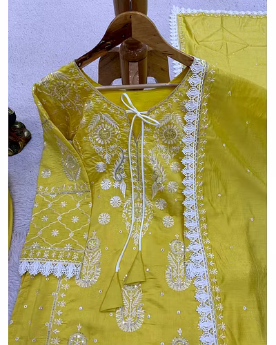 Silk Elegance: Embroidered Set with Lace Details-Yellow-4