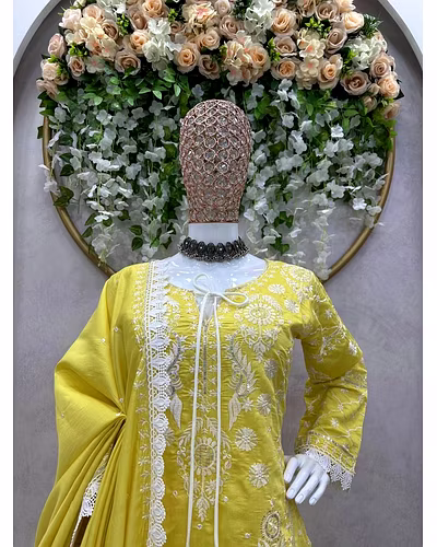 Silk Elegance: Embroidered Set with Lace Details-Yellow-1