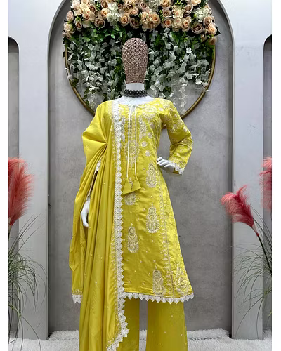 Silk Elegance: Embroidered Set with Lace Details-Yellow-2