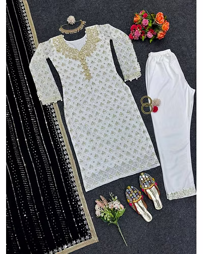 Faux Georgette Thread &amp; Sequence Work Dress with Matching Dupatta - 1kg-Black-XL-1