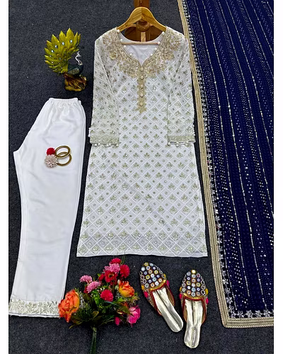 Faux Georgette Thread &amp; Sequence Work Dress with Matching Dupatta - 1kg-Navy Blue-M-1