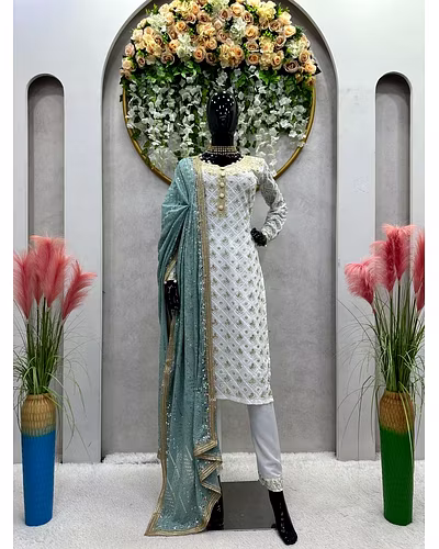 Faux Georgette Thread &amp; Sequence Work Dress with Matching Dupatta - 1kg-RRTC5699-Firozi-M
