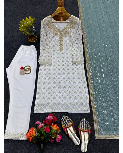 Faux Georgette Thread &amp; Sequence Work Dress with Matching Dupatta - 1kg-Firozi-M-2