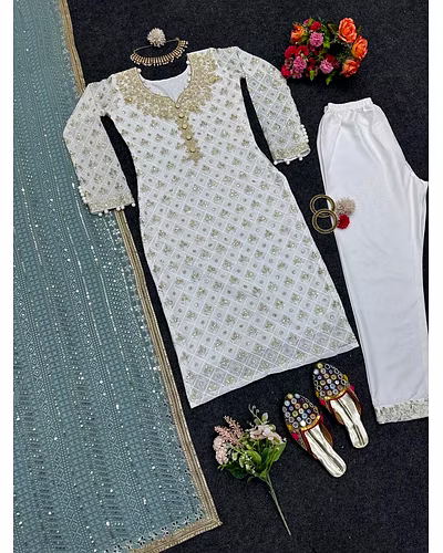 Faux Georgette Thread &amp; Sequence Work Dress with Matching Dupatta - 1kg-Firozi-XL-1