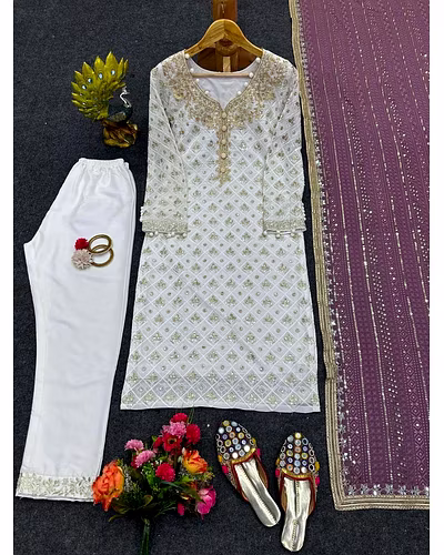 Faux Georgette Thread &amp; Sequence Work Dress with Matching Dupatta - 1kg-Wine-M-1