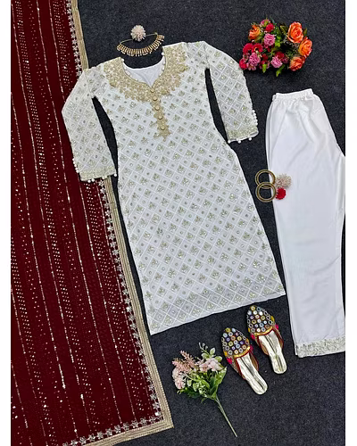 Faux Georgette Thread &amp; Sequence Work Dress with Matching Dupatta - 1kg-Red-XL-1