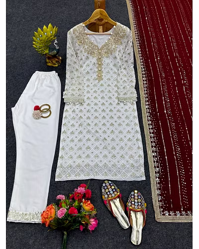 Faux Georgette Thread &amp; Sequence Work Dress with Matching Dupatta - 1kg-Red-XL-2