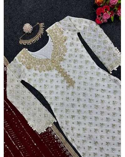 Faux Georgette Thread &amp; Sequence Work Dress with Matching Dupatta - 1kg-Red-XL-3