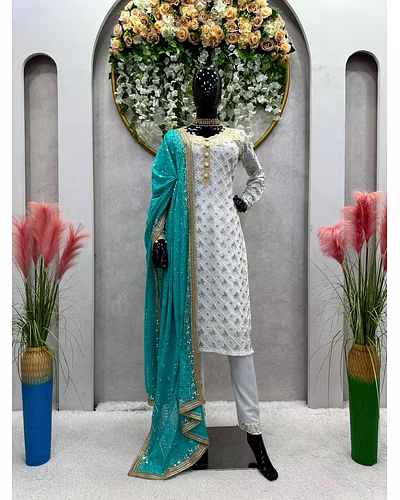 Faux Georgette Thread &amp; Sequence Work Dress with Matching Dupatta - 1kg-RRTC5699-Rama-XL